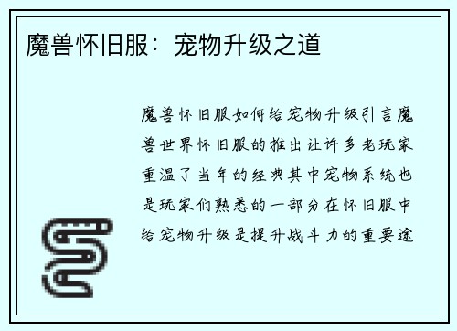 魔兽怀旧服：宠物升级之道